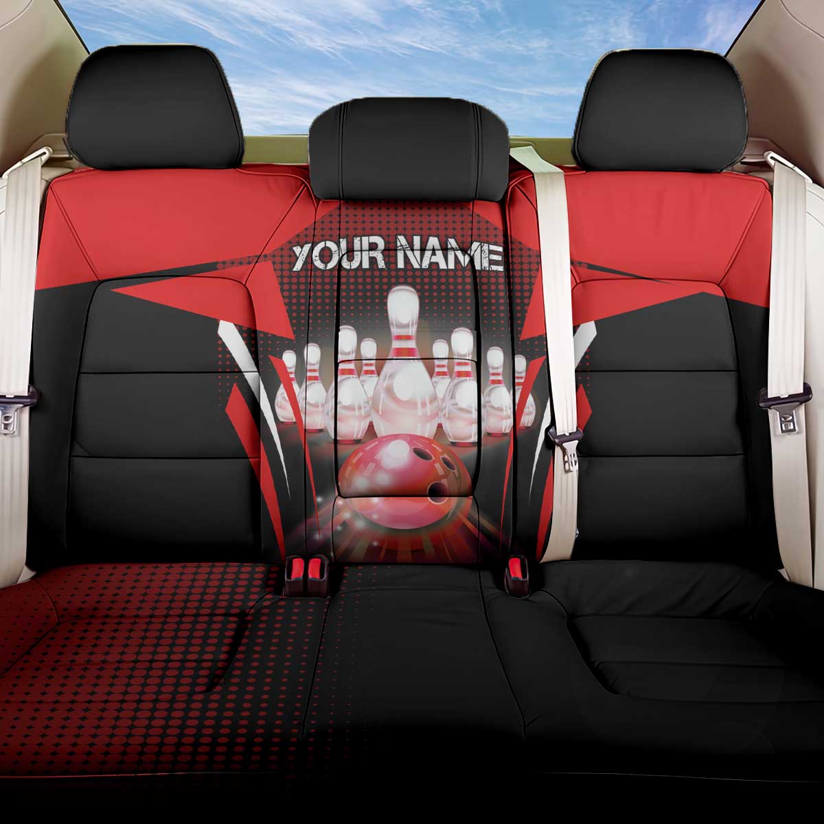 Red Bowling Strike Graphic Back Car Seat Cover with Pins and Ball and Custom Name Design - Wonder Print Shop