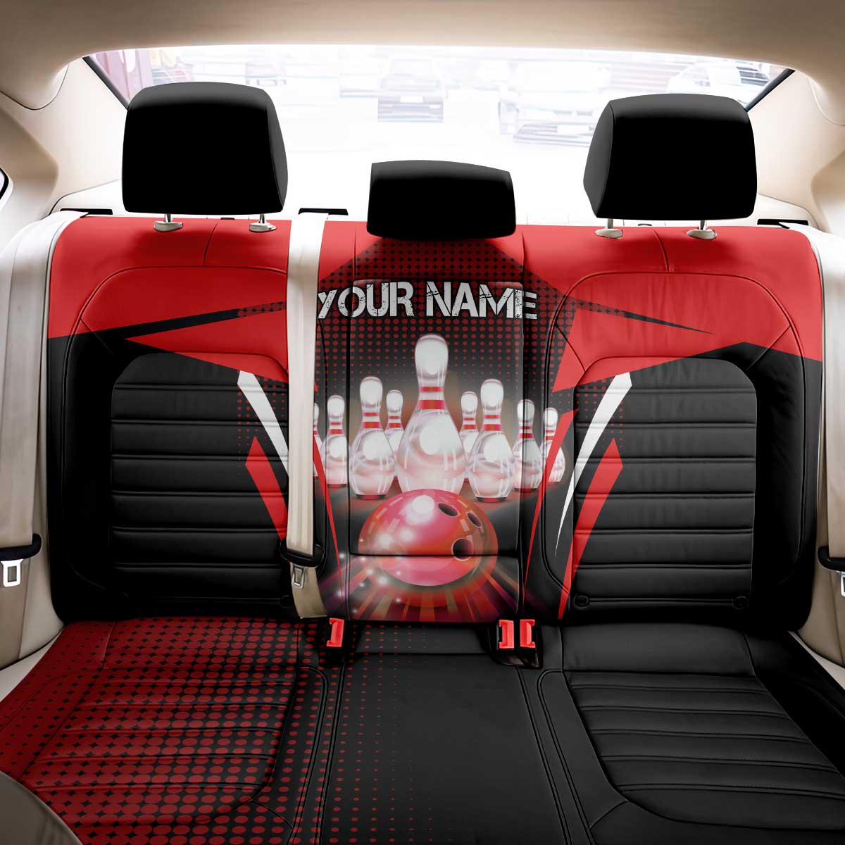 Red Bowling Strike Graphic Back Car Seat Cover with Pins and Ball and Custom Name Design - Wonder Print Shop