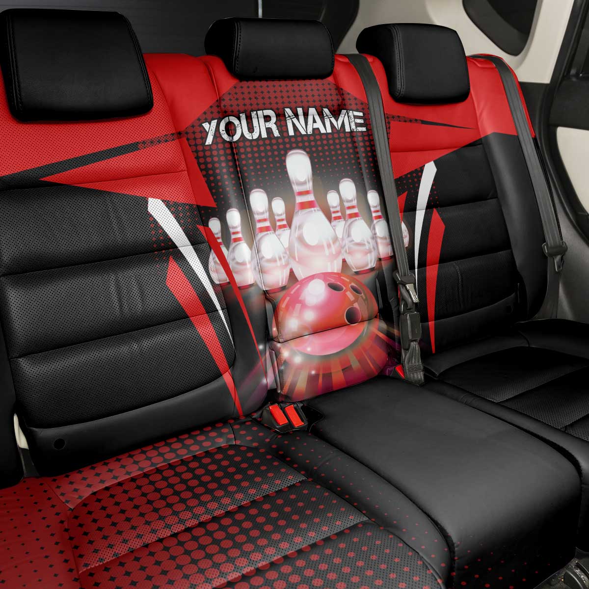 Red Bowling Strike Graphic Back Car Seat Cover with Pins and Ball and Custom Name Design - Wonder Print Shop