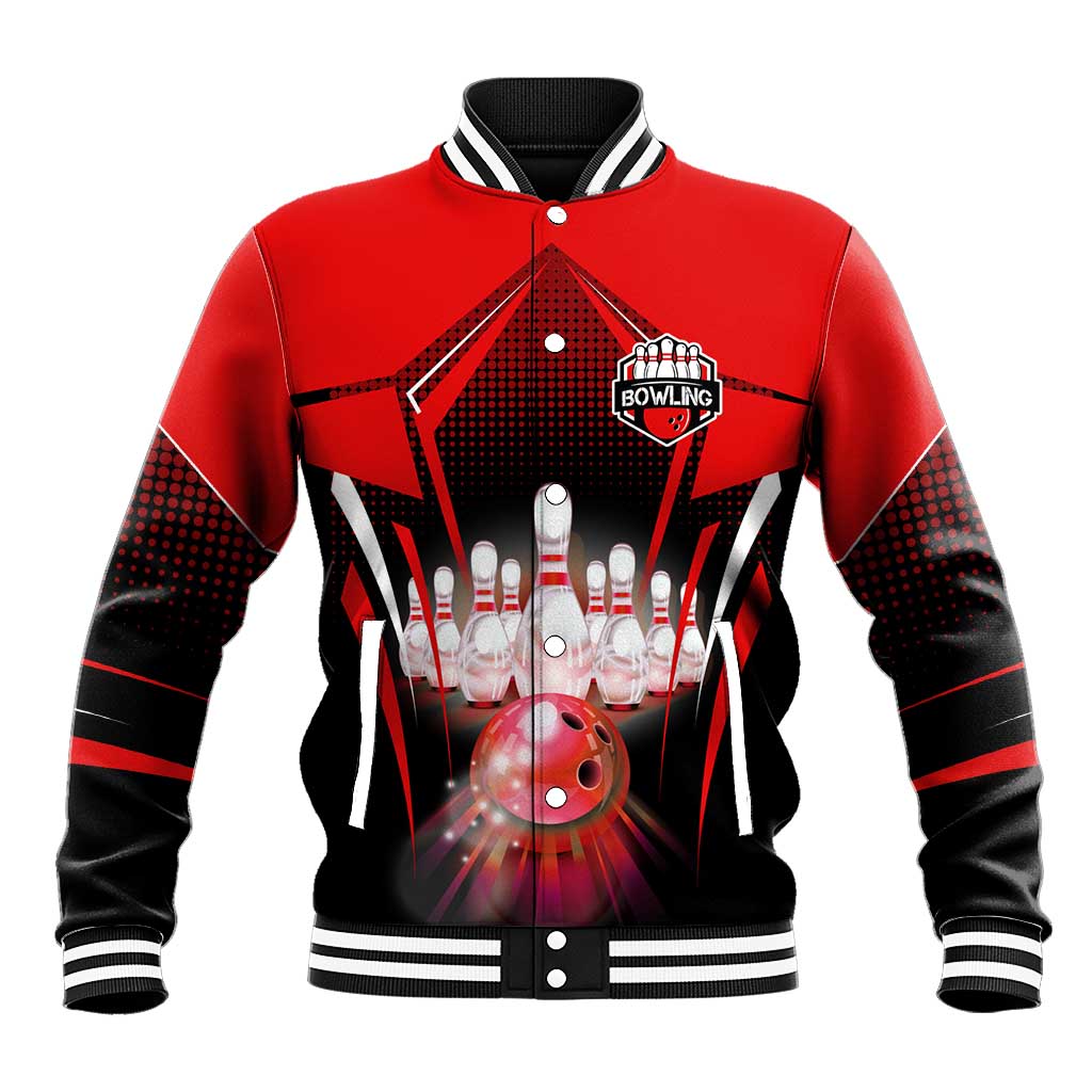 Red Bowling Strike Graphic Baseball Jacket with Pins and Ball and Custom Name Design - Wonder Print Shop