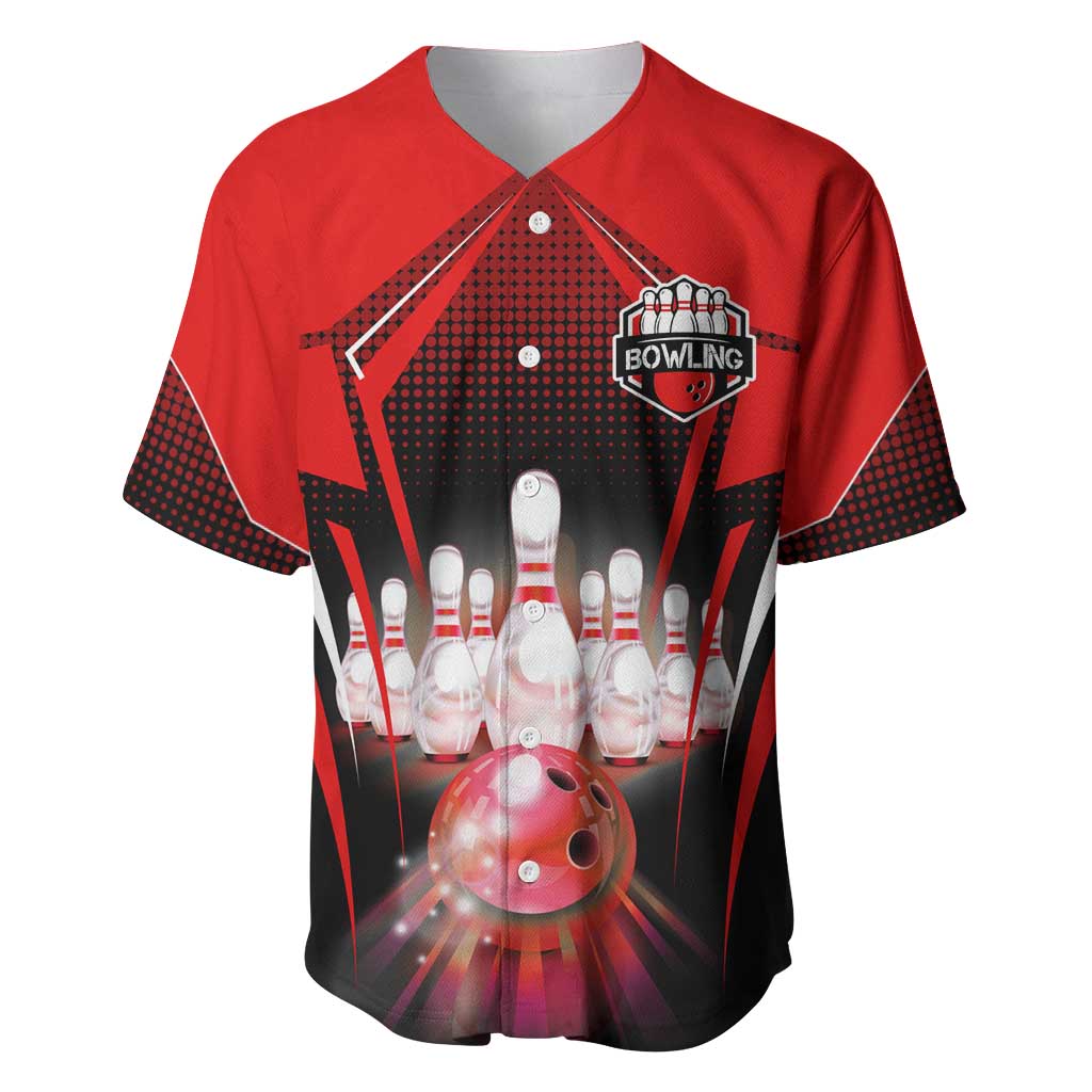 Red Bowling Strike Graphic Baseball Jersey with Pins and Ball and Custom Name Design - Wonder Print Shop