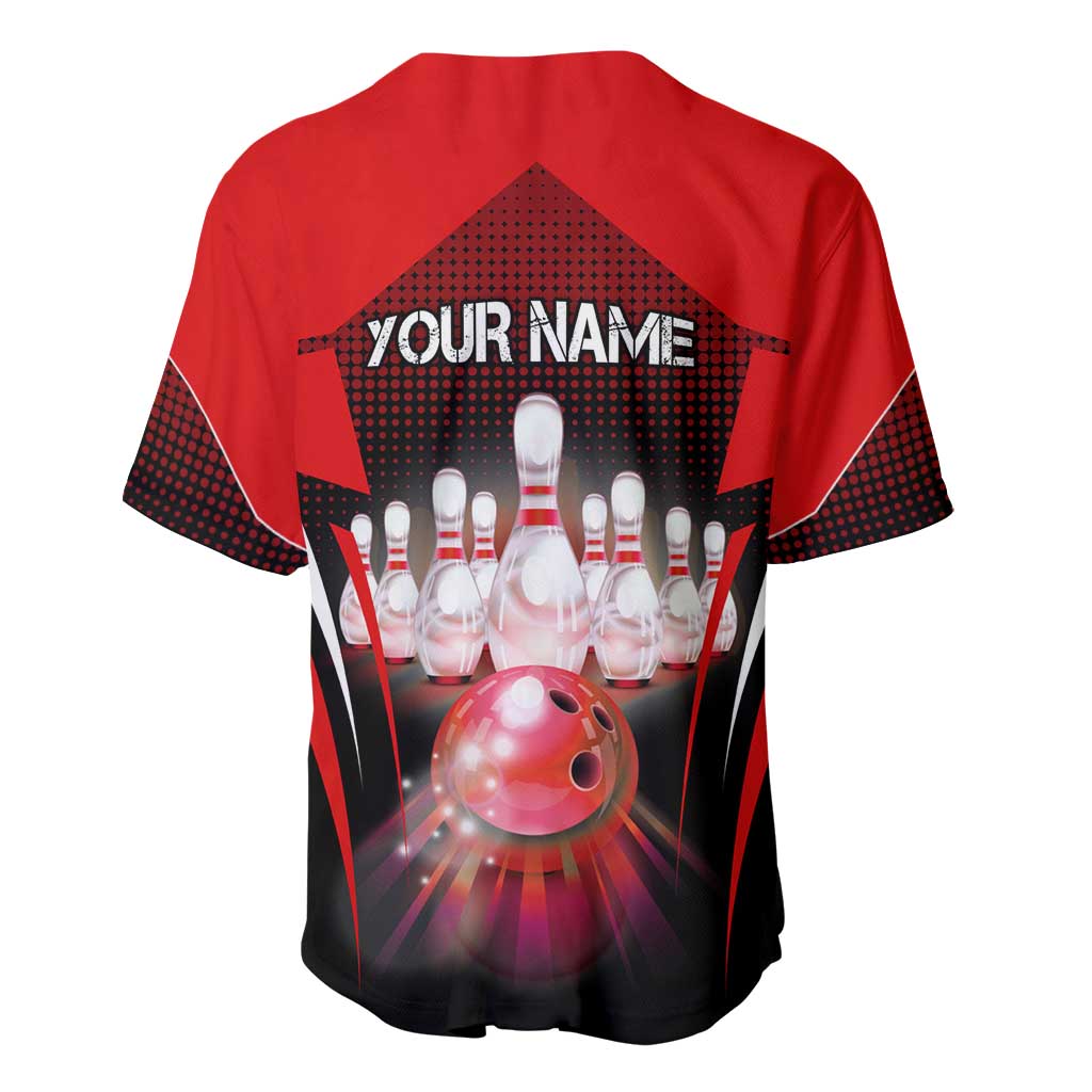 Red Bowling Strike Graphic Baseball Jersey with Pins and Ball and Custom Name Design - Wonder Print Shop