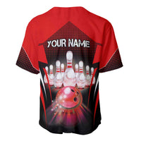 Red Bowling Strike Graphic Baseball Jersey with Pins and Ball and Custom Name Design - Wonder Print Shop