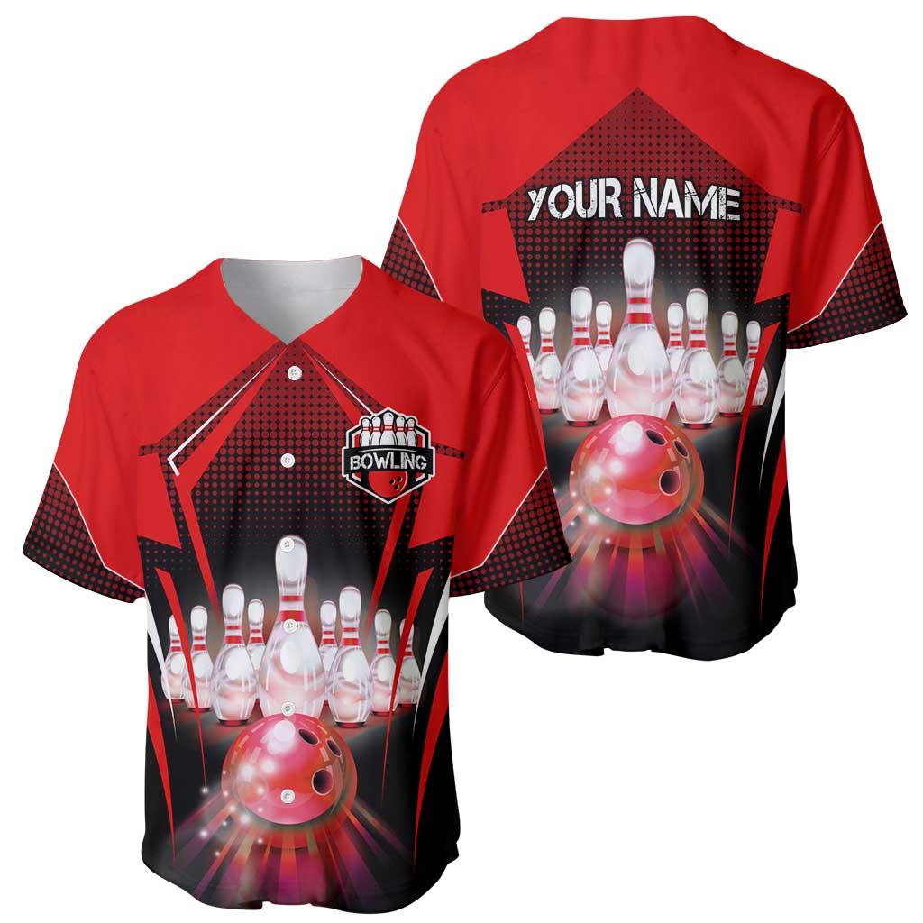 Red Bowling Strike Graphic Baseball Jersey with Pins and Ball and Custom Name Design - Wonder Print Shop