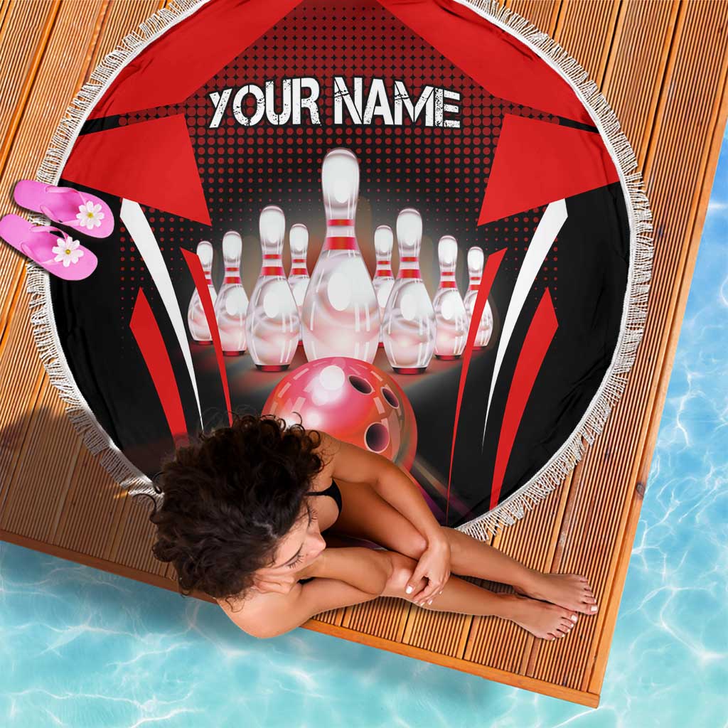 Red Bowling Strike Graphic Beach Blanket with Pins and Ball and Custom Name Design - Wonder Print Shop