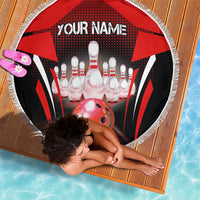 Red Bowling Strike Graphic Beach Blanket with Pins and Ball and Custom Name Design - Wonder Print Shop