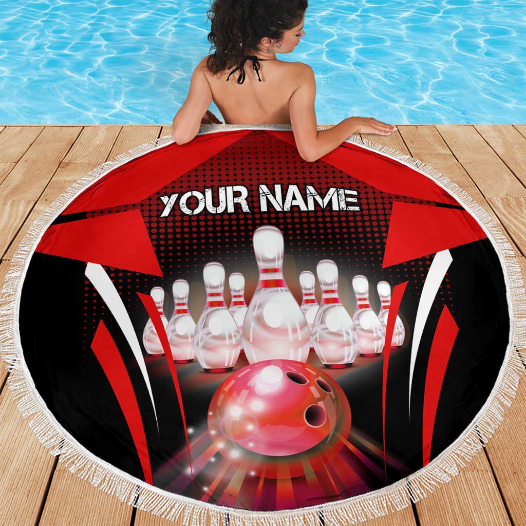 Red Bowling Strike Graphic Beach Blanket with Pins and Ball and Custom Name Design - Wonder Print Shop