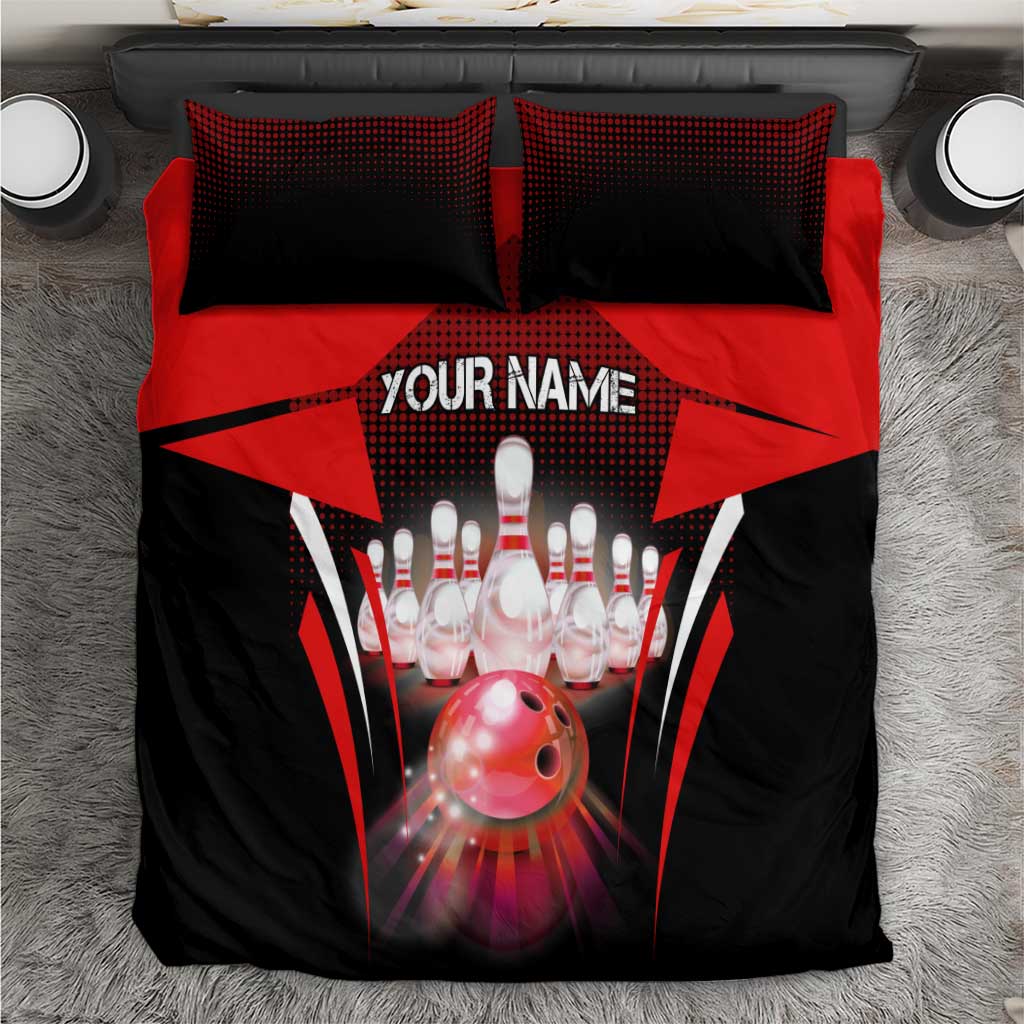 Red Bowling Strike Graphic Bedding Set with Pins and Ball and Custom Name Design - Wonder Print Shop