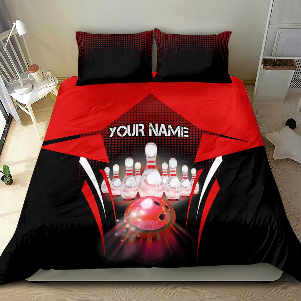 Red Bowling Strike Graphic Bedding Set with Pins and Ball and Custom Name Design - Wonder Print Shop