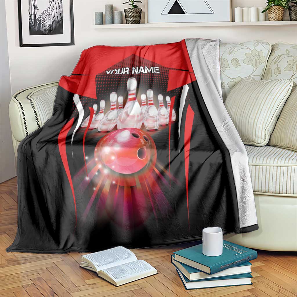 Red Bowling Strike Graphic Blanket with Pins and Ball and Custom Name Design - Wonder Print Shop