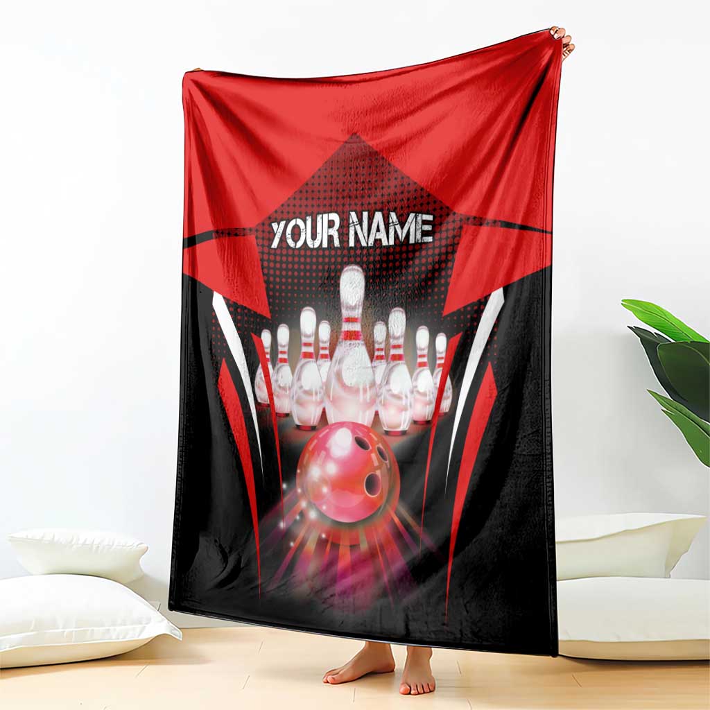 Red Bowling Strike Graphic Blanket with Pins and Ball and Custom Name Design - Wonder Print Shop
