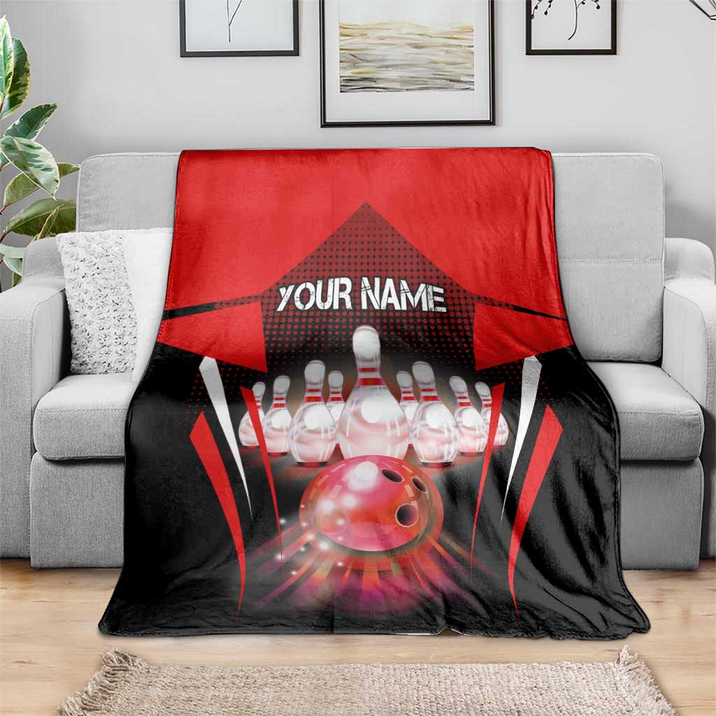 Red Bowling Strike Graphic Blanket with Pins and Ball and Custom Name Design - Wonder Print Shop