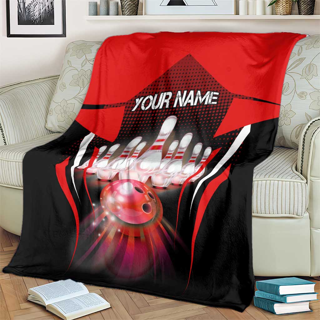 Red Bowling Strike Graphic Blanket with Pins and Ball and Custom Name Design - Wonder Print Shop