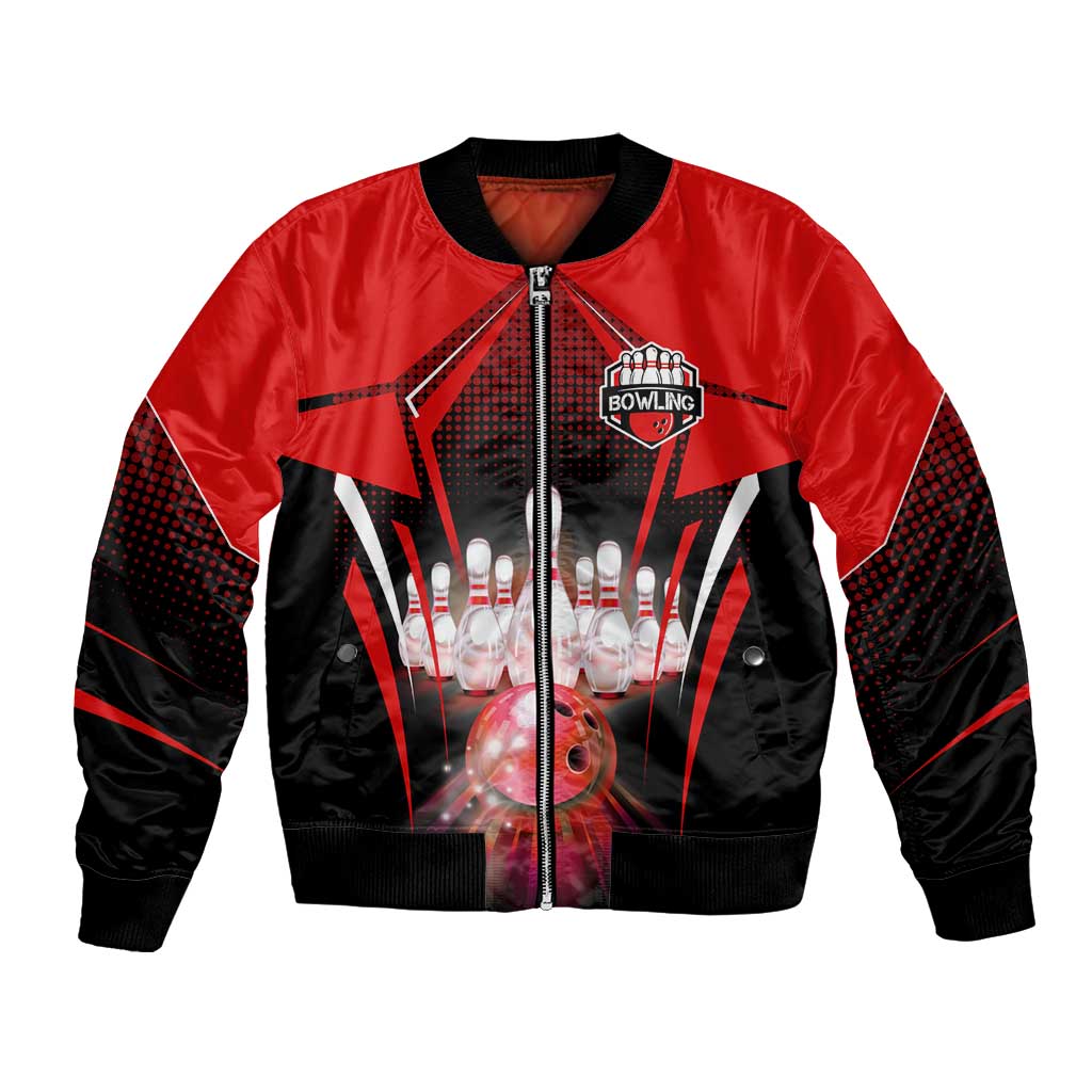 Red Bowling Strike Graphic Bomber Jacket with Pins and Ball and Custom Name Design - Wonder Print Shop