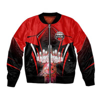 Red Bowling Strike Graphic Bomber Jacket with Pins and Ball and Custom Name Design - Wonder Print Shop