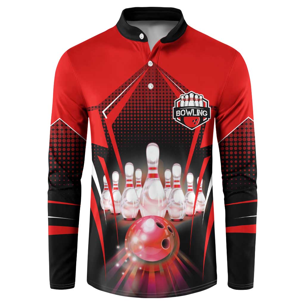 Red Bowling Strike Graphic Button Sweatshirt with Pins and Ball and Custom Name Design - Wonder Print Shop