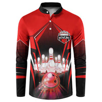 Red Bowling Strike Graphic Button Sweatshirt with Pins and Ball and Custom Name Design - Wonder Print Shop
