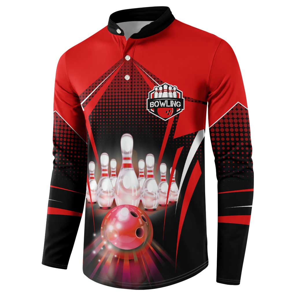 Red Bowling Strike Graphic Button Sweatshirt with Pins and Ball and Custom Name Design - Wonder Print Shop