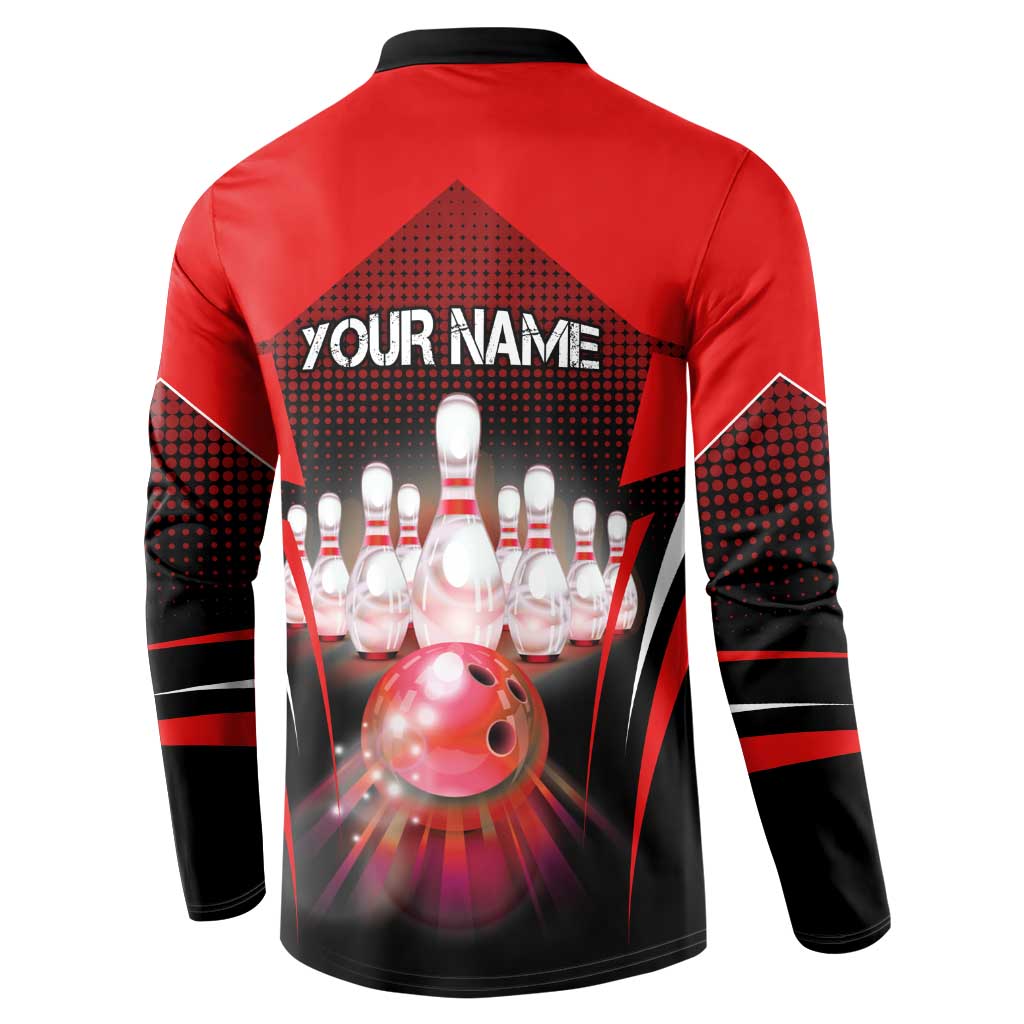Red Bowling Strike Graphic Button Sweatshirt with Pins and Ball and Custom Name Design - Wonder Print Shop
