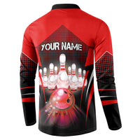 Red Bowling Strike Graphic Button Sweatshirt with Pins and Ball and Custom Name Design - Wonder Print Shop