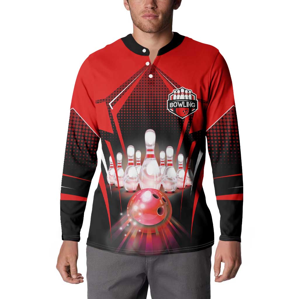 Red Bowling Strike Graphic Button Sweatshirt with Pins and Ball and Custom Name Design - Wonder Print Shop