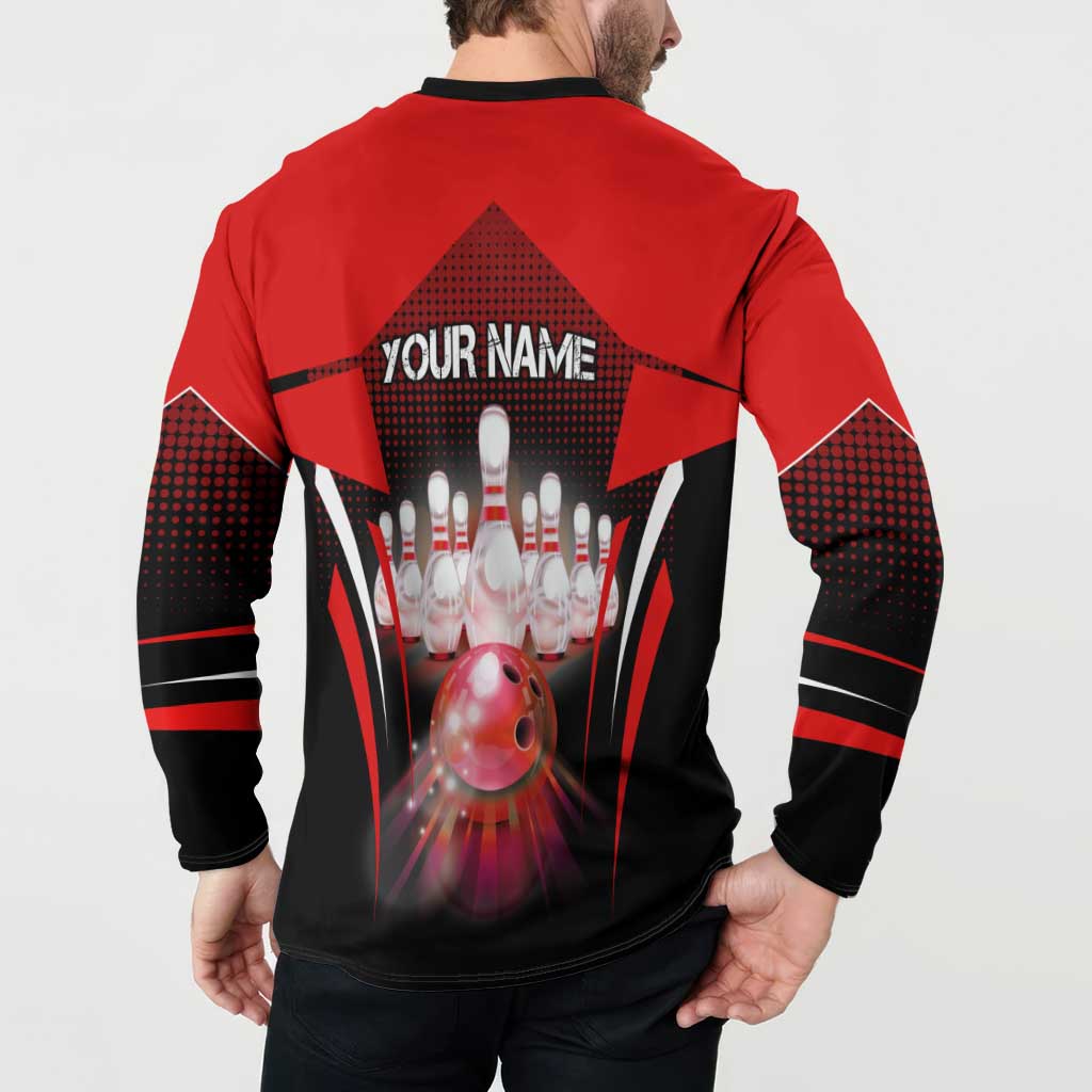 Red Bowling Strike Graphic Button Sweatshirt with Pins and Ball and Custom Name Design - Wonder Print Shop