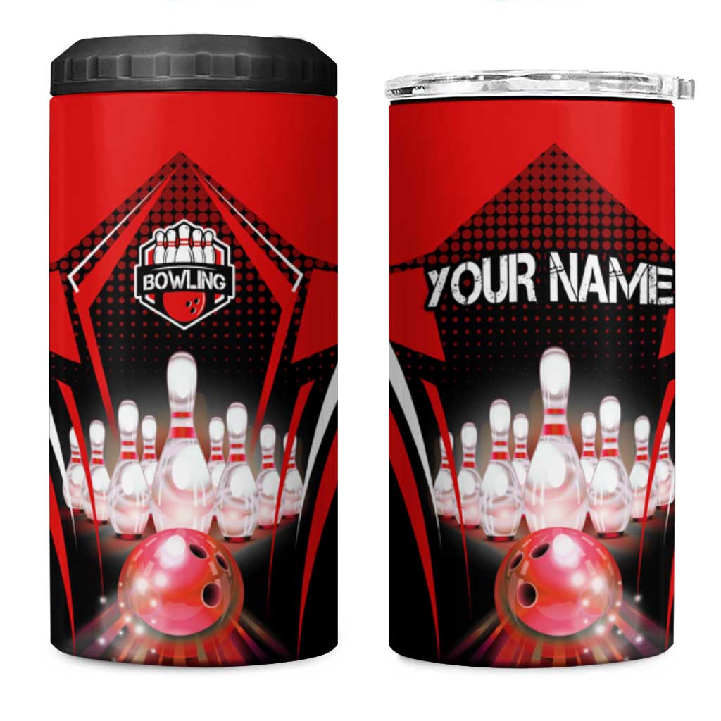 Red Bowling Strike Graphic 4 in 1 Can Cooler Tumbler with Pins and Ball and Custom Name Design - Wonder Print Shop