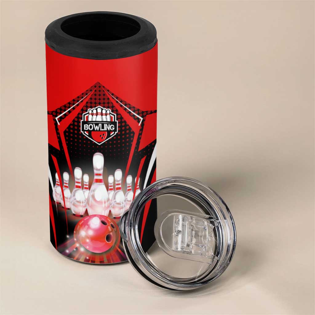 Red Bowling Strike Graphic 4 in 1 Can Cooler Tumbler with Pins and Ball and Custom Name Design - Wonder Print Shop