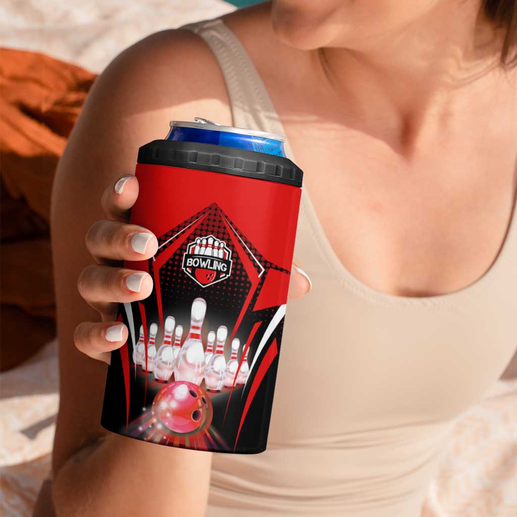 Red Bowling Strike Graphic 4 in 1 Can Cooler Tumbler with Pins and Ball and Custom Name Design - Wonder Print Shop