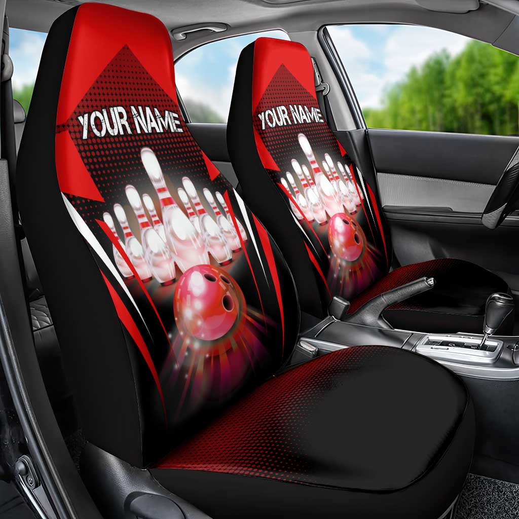 Red Bowling Strike Graphic Car Seat Cover with Pins and Ball and Custom Name Design - Wonder Print Shop