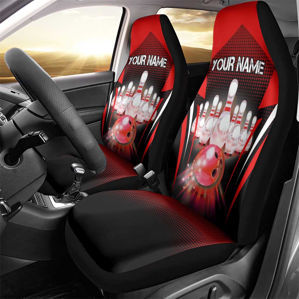 Red Bowling Strike Graphic Car Seat Cover with Pins and Ball and Custom Name Design - Wonder Print Shop