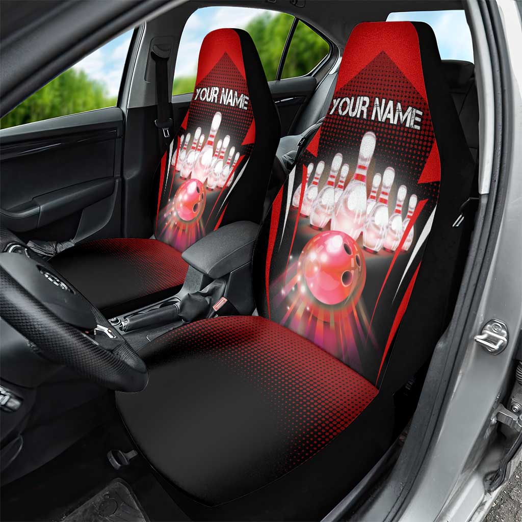 Red Bowling Strike Graphic Car Seat Cover with Pins and Ball and Custom Name Design - Wonder Print Shop