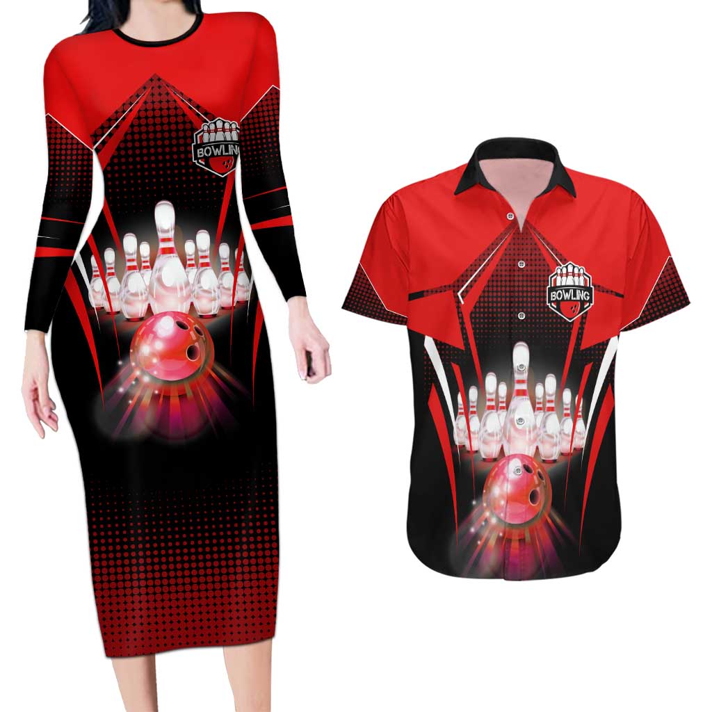 Red Bowling Strike Graphic Couples Matching Long Sleeve Bodycon Dress and Hawaiian Shirt with Pins and Ball and Custom Name Design - Wonder Print Shop