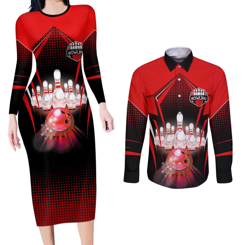 Red Bowling Strike Graphic Couples Matching Long Sleeve Bodycon Dress and Long Sleeve Button Shirt with Pins and Ball and Custom Name Design - Wonder Print Shop