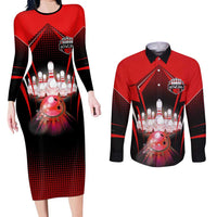 Red Bowling Strike Graphic Couples Matching Long Sleeve Bodycon Dress and Long Sleeve Button Shirt with Pins and Ball and Custom Name Design - Wonder Print Shop