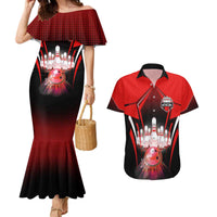 Red Bowling Strike Graphic Couples Matching Mermaid Dress and Hawaiian Shirt with Pins and Ball and Custom Name Design - Wonder Print Shop