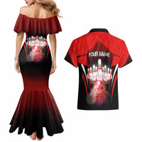 Red Bowling Strike Graphic Couples Matching Mermaid Dress and Hawaiian Shirt with Pins and Ball and Custom Name Design - Wonder Print Shop