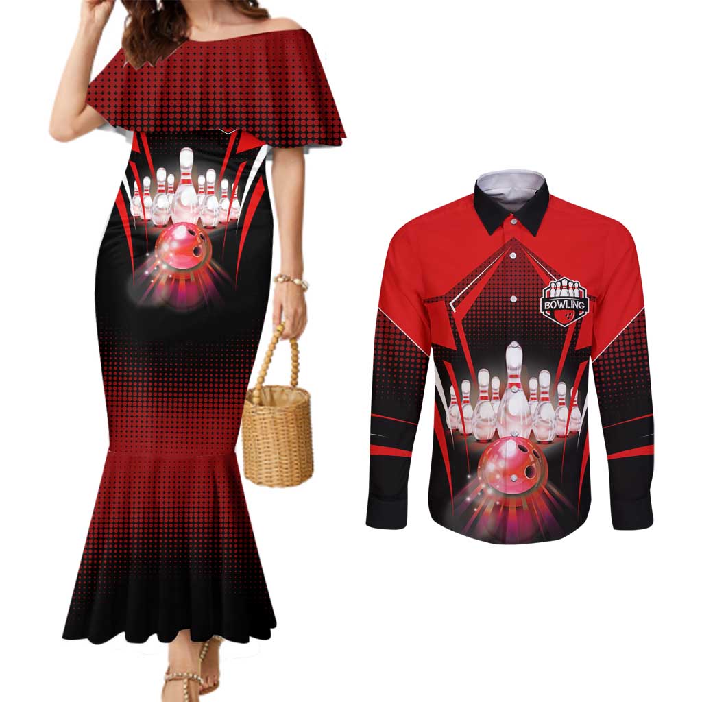 Red Bowling Strike Graphic Couples Matching Mermaid Dress and Long Sleeve Button Shirt with Pins and Ball and Custom Name Design - Wonder Print Shop