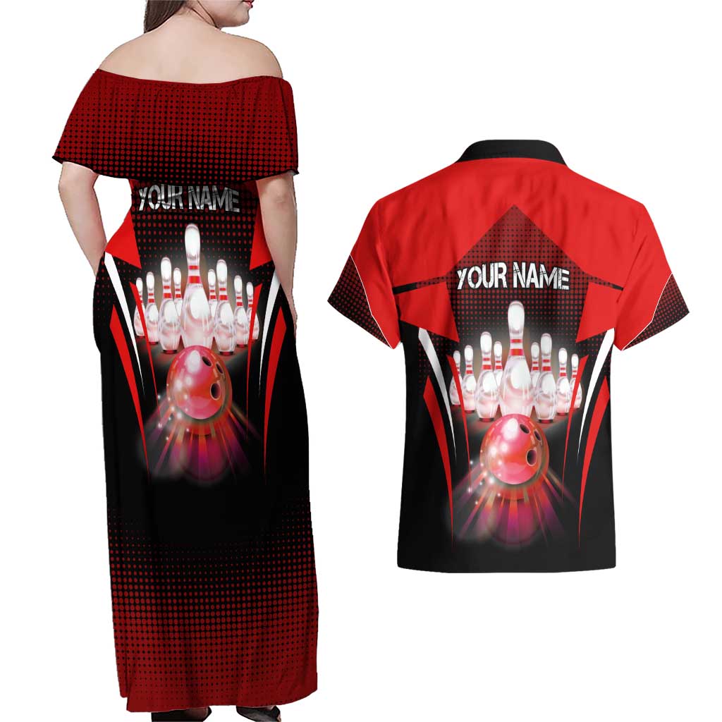 Red Bowling Strike Graphic Couples Matching Off Shoulder Maxi Dress and Hawaiian Shirt with Pins and Ball and Custom Name Design - Wonder Print Shop