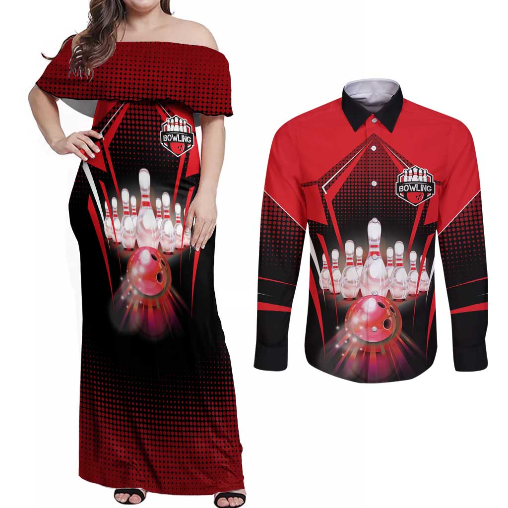 Red Bowling Strike Graphic Couples Matching Off Shoulder Maxi Dress and Long Sleeve Button Shirt with Pins and Ball and Custom Name Design - Wonder Print Shop