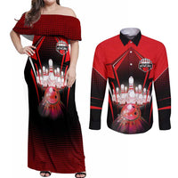 Red Bowling Strike Graphic Couples Matching Off Shoulder Maxi Dress and Long Sleeve Button Shirt with Pins and Ball and Custom Name Design - Wonder Print Shop