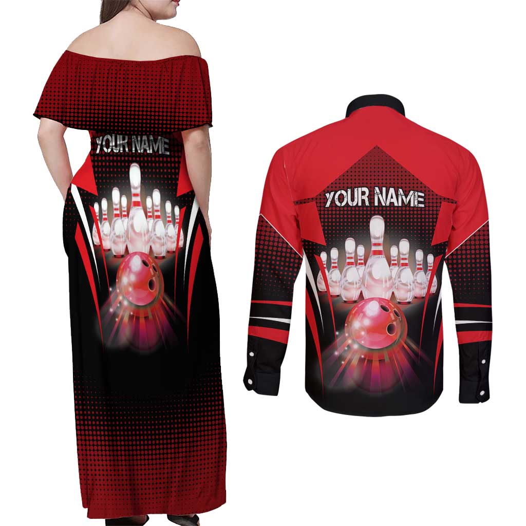 Red Bowling Strike Graphic Couples Matching Off Shoulder Maxi Dress and Long Sleeve Button Shirt with Pins and Ball and Custom Name Design - Wonder Print Shop