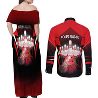 Red Bowling Strike Graphic Couples Matching Off Shoulder Maxi Dress and Long Sleeve Button Shirt with Pins and Ball and Custom Name Design - Wonder Print Shop