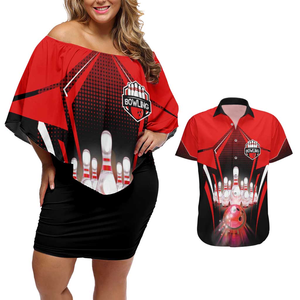 Red Bowling Strike Graphic Couples Matching Off Shoulder Short Dress and Hawaiian Shirt with Pins and Ball and Custom Name Design - Wonder Print Shop