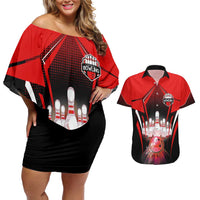 Red Bowling Strike Graphic Couples Matching Off Shoulder Short Dress and Hawaiian Shirt with Pins and Ball and Custom Name Design - Wonder Print Shop