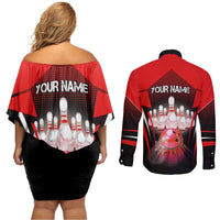 Red Bowling Strike Graphic Couples Matching Off Shoulder Short Dress and Long Sleeve Button Shirt with Pins and Ball and Custom Name Design - Wonder Print Shop