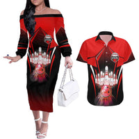 Red Bowling Strike Graphic Couples Matching Off The Shoulder Long Sleeve Dress and Hawaiian Shirt with Pins and Ball and Custom Name Design - Wonder Print Shop