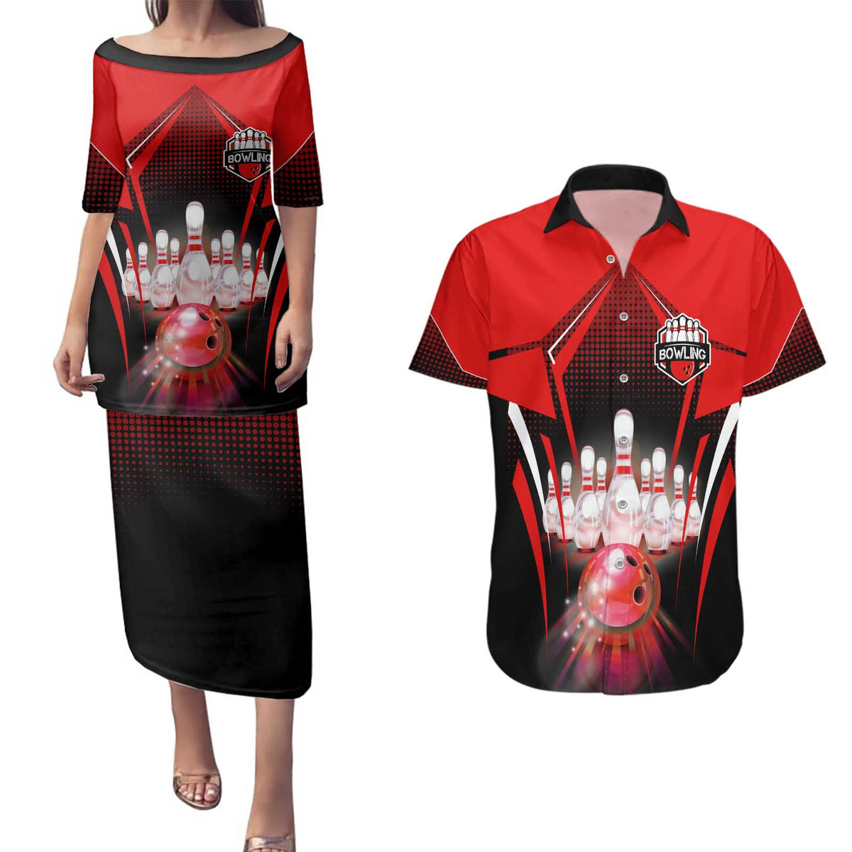 Red Bowling Strike Graphic Couples Matching Puletasi and Hawaiian Shirt with Pins and Ball and Custom Name Design - Wonder Print Shop