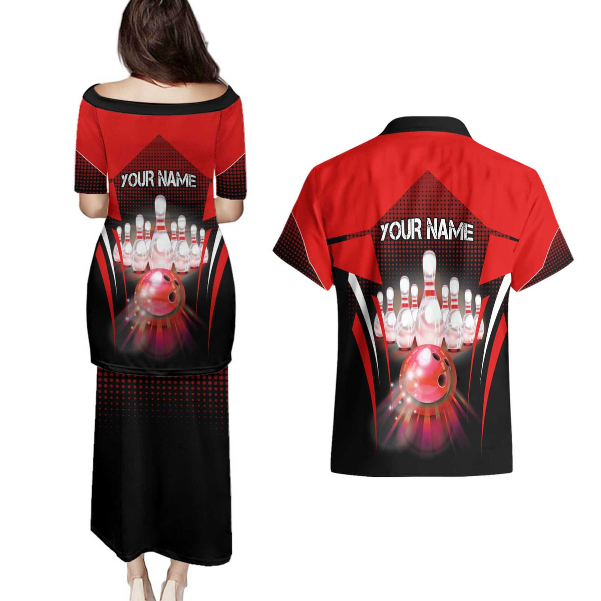 Red Bowling Strike Graphic Couples Matching Puletasi and Hawaiian Shirt with Pins and Ball and Custom Name Design - Wonder Print Shop