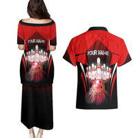 Red Bowling Strike Graphic Couples Matching Puletasi and Hawaiian Shirt with Pins and Ball and Custom Name Design - Wonder Print Shop